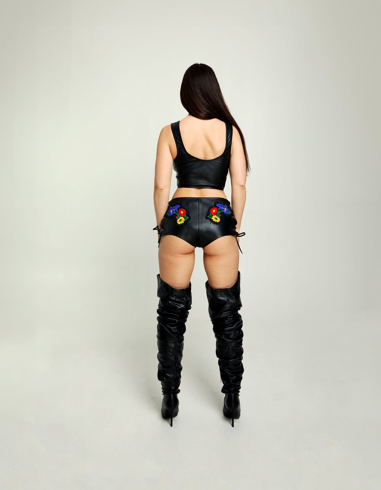 Embroidered Leather Shorts